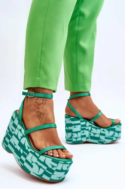 Damskie Boto Modne Sandały Na Koturnie We Wzory Zielone Claria