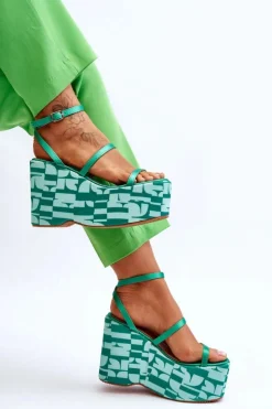 Damskie Boto Modne Sandały Na Koturnie We Wzory Zielone Claria