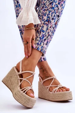 Boto Sandały Na Koturnie*Modne Sandały Na Koturnie Z Plecionką Beżowe Nessia