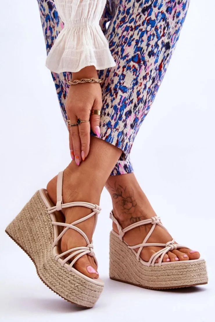 Boto Sandały Na Koturnie*Modne Sandały Na Koturnie Z Plecionką Beżowe Nessia