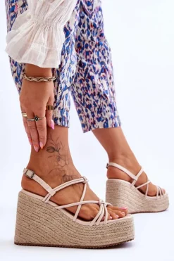 Boto Sandały Na Koturnie*Modne Sandały Na Koturnie Z Plecionką Beżowe Nessia