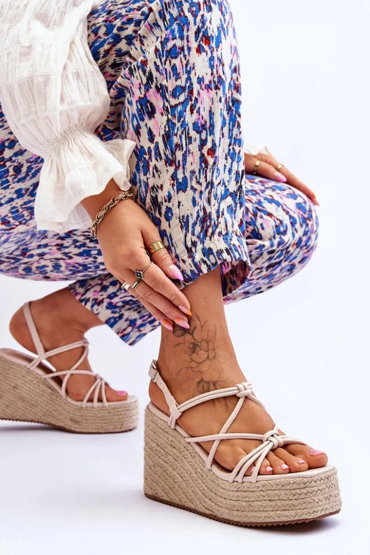 Boto Sandały Na Koturnie*Modne Sandały Na Koturnie Z Plecionką Beżowe Nessia