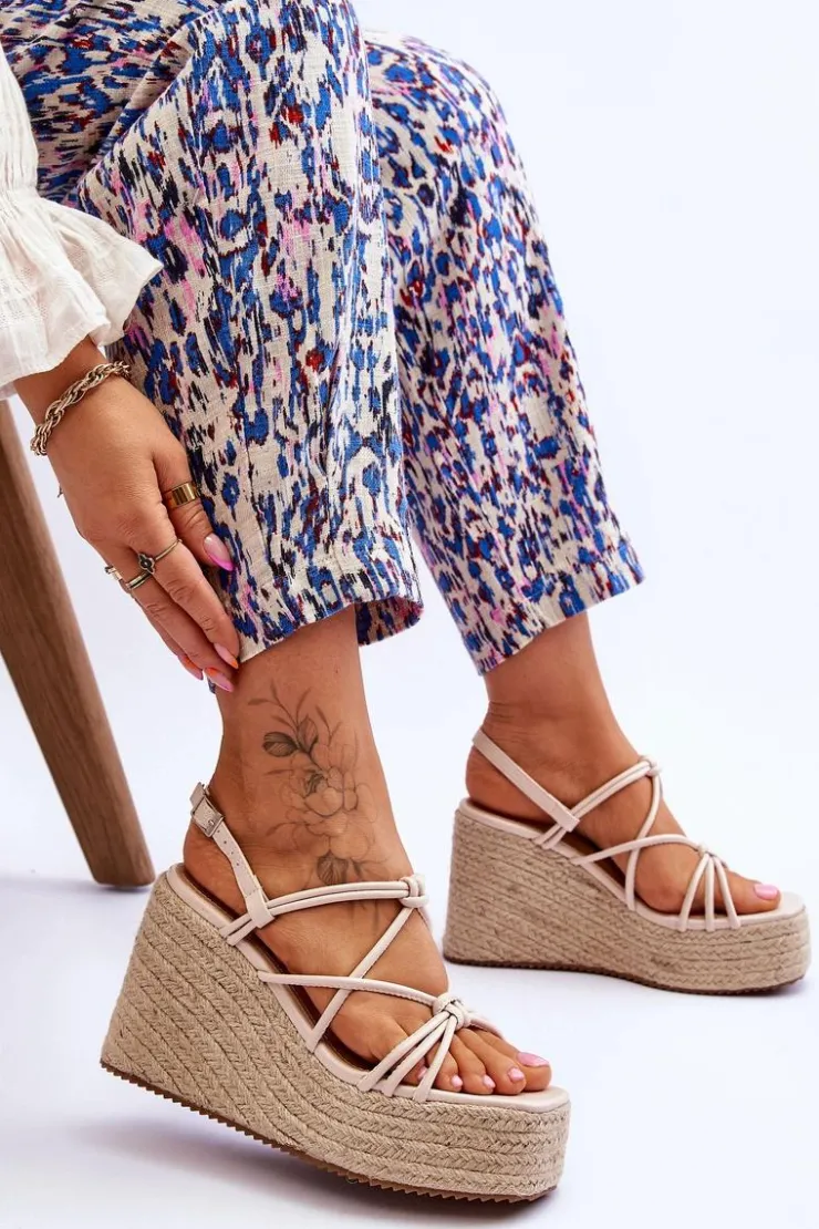 Boto Sandały Na Koturnie*Modne Sandały Na Koturnie Z Plecionką Beżowe Nessia