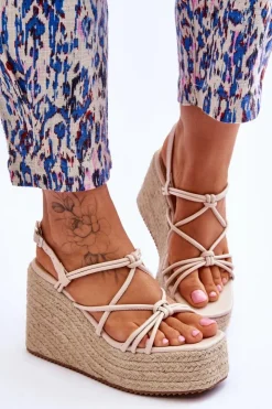 Boto Sandały Na Koturnie*Modne Sandały Na Koturnie Z Plecionką Beżowe Nessia