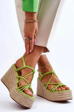 Damskie Boto Modne Sandały Na Koturnie Z Plecionką Zielone Nessia