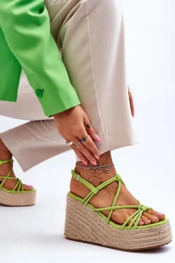 Damskie Boto Modne Sandały Na Koturnie Z Plecionką Zielone Nessia
