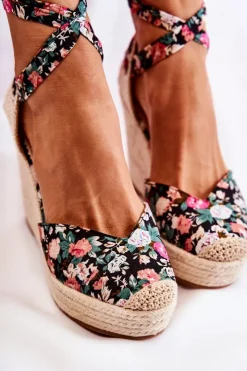 Damskie Boto Modne Sandały Na Koturnie Czarne Lamela