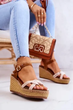 Damskie Boto Modne Sandały Na Koturnie Beżowe Roseville