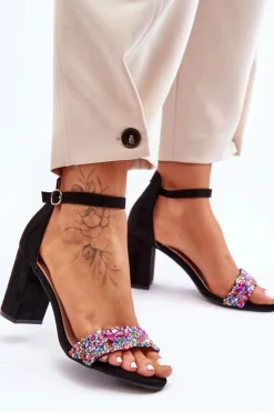 Damskie Boto Modne Sandały Na Obcasie Z Ozdobnymi Kamieniami Czarne Love Me