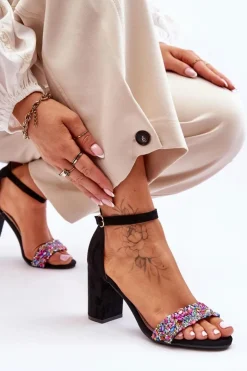 Damskie Boto Modne Sandały Na Obcasie Z Ozdobnymi Kamieniami Czarne Love Me