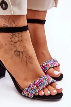 Damskie Boto Modne Sandały Na Obcasie Z Ozdobnymi Kamieniami Czarne Love Me