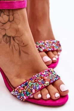 Boto Sandały Na Obcasie*Modne Sandały Na Obcasie Z Ozdobnymi Kamieniami Fuksja Love Me