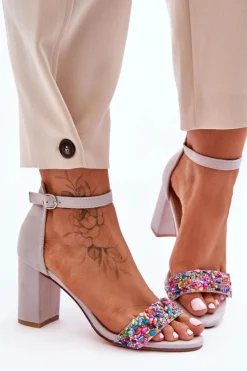 New Boto Modne Sandały Na Obcasie Z Ozdobnymi Kamieniami Szare Love Me