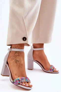 New Boto Modne Sandały Na Obcasie Z Ozdobnymi Kamieniami Szare Love Me