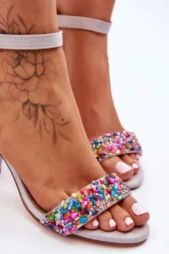 New Boto Modne Sandały Na Obcasie Z Ozdobnymi Kamieniami Szare Love Me