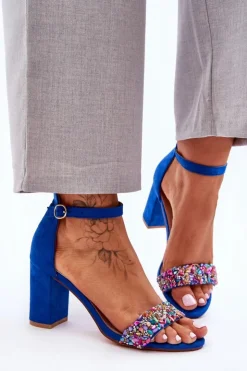 Damskie Boto Modne Sandały Na Obcasie Z Ozdobnymi Kamieniami Niebieskie Love Me