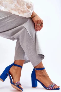 Damskie Boto Modne Sandały Na Obcasie Z Ozdobnymi Kamieniami Niebieskie Love Me