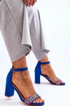 Damskie Boto Modne Sandały Na Obcasie Z Ozdobnymi Kamieniami Niebieskie Love Me