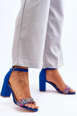 Damskie Boto Modne Sandały Na Obcasie Z Ozdobnymi Kamieniami Niebieskie Love Me