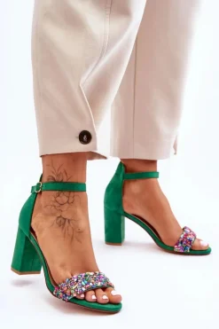 Boto Sandały Na Obcasie*Modne Sandały Na Obcasie Z Ozdobnymi Kamieniami Zielone Love Me