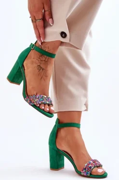 Boto Sandały Na Obcasie*Modne Sandały Na Obcasie Z Ozdobnymi Kamieniami Zielone Love Me