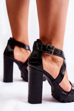 Boto Sandały Na Obcasie*Modne Sandały Na Słupku Z Paskiem Wężowe Czarne Rammis