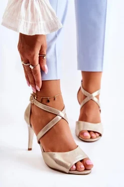 Buty Sergio Leone Sandały Na Obcasie*Modne Sandały Na Szpilce Błyszczące Złote Loressa