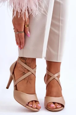 Damskie Buty Sergio Leone Modne Sandały Na Szpilce Ciemnobeżowe Loressa