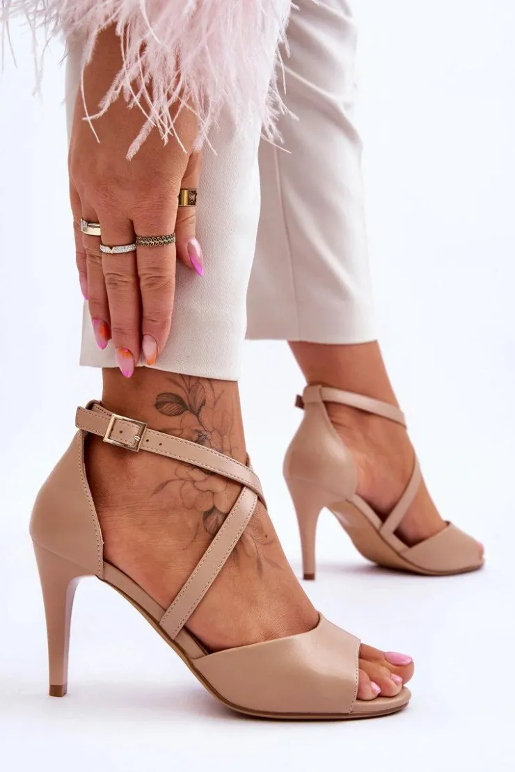 Damskie Buty Sergio Leone Modne Sandały Na Szpilce Ciemnobeżowe Loressa