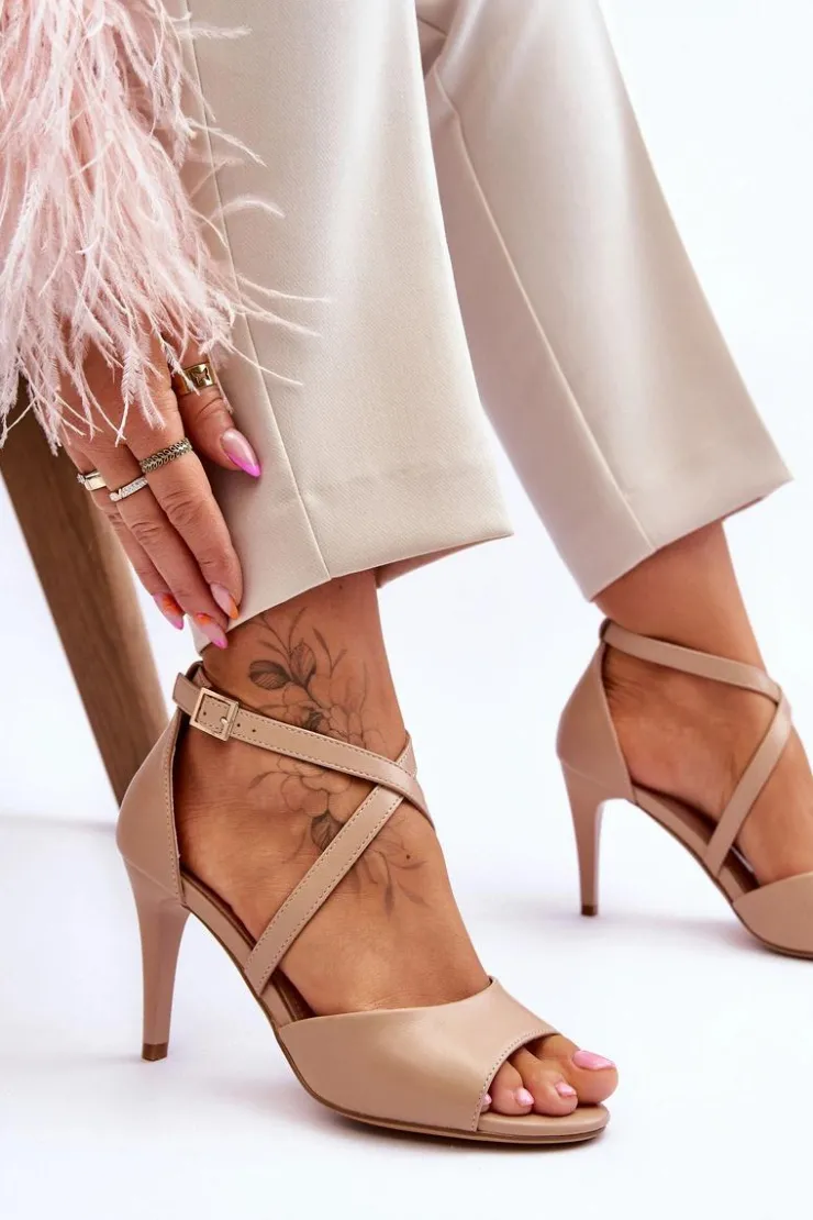 Damskie Buty Sergio Leone Modne Sandały Na Szpilce Ciemnobeżowe Loressa