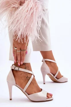 Buty Sergio Leone Sandały Na Obcasie*Modne Sandały Na Szpilce Lakierowane Beżowe Loressa