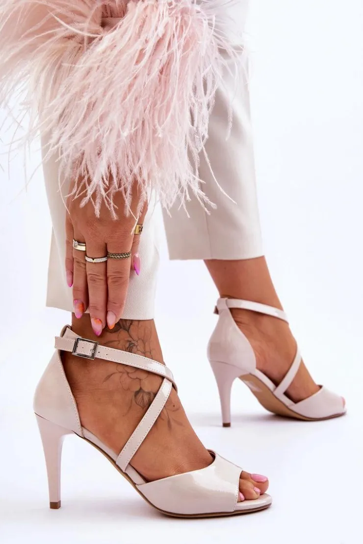 Buty Sergio Leone Sandały Na Obcasie*Modne Sandały Na Szpilce Lakierowane Beżowe Loressa