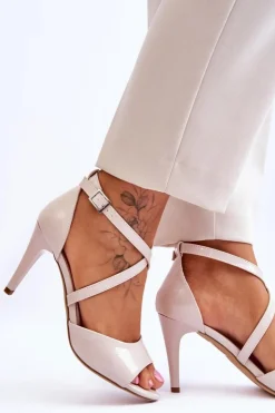 Buty Sergio Leone Sandały Na Obcasie*Modne Sandały Na Szpilce Lakierowane Beżowe Loressa