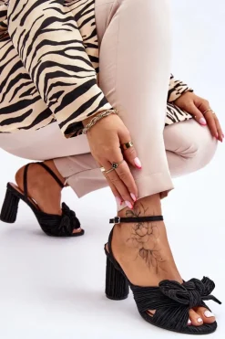 Damskie Boto Modne Sandały Z Kokardą Na Obcasie Czarne Callum