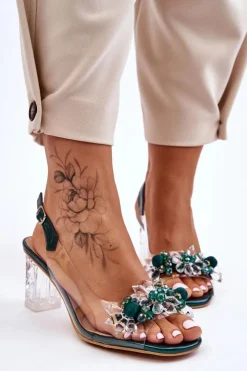 Damskie buty S.Barski Modne Sandały Z Koralikami Zielone Terrance