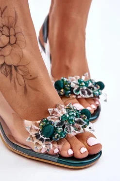 Damskie buty S.Barski Modne Sandały Z Koralikami Zielone Terrance