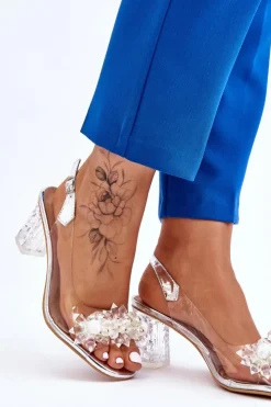 Damskie buty S.Barski Sandały Na Obcasie*Modne Sandały Z Koralikami Srebrne Terrance