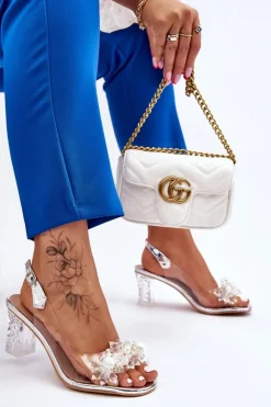 Damskie buty S.Barski Sandały Na Obcasie*Modne Sandały Z Koralikami Srebrne Terrance