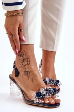 Damskie buty S.Barski Sandały Na Obcasie*Modne Sandały Z Koralikami Granatowe Terrance