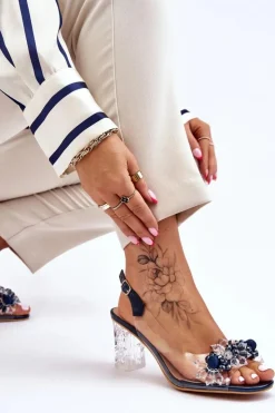 Damskie buty S.Barski Sandały Na Obcasie*Modne Sandały Z Koralikami Granatowe Terrance