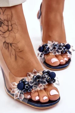 Damskie buty S.Barski Sandały Na Obcasie*Modne Sandały Z Koralikami Granatowe Terrance