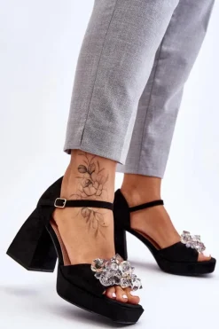 Damskie Boto Modne Sandały Z Kryształami Na Masywnym Obcasie Czarne Garrett