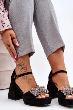 Damskie Boto Modne Sandały Z Kryształami Na Masywnym Obcasie Czarne Garrett
