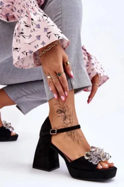 Damskie Boto Modne Sandały Z Kryształami Na Masywnym Obcasie Czarne Garrett