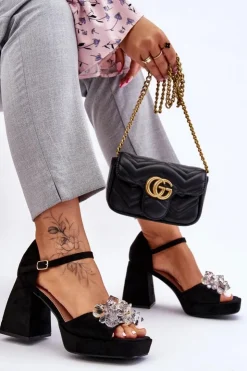 Damskie Boto Modne Sandały Z Kryształami Na Masywnym Obcasie Czarne Garrett