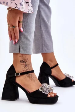 Damskie Boto Modne Sandały Z Kryształami Na Masywnym Obcasie Czarne Garrett
