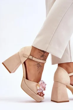 Outlet Boto Modne Sandały Z Kryształami Na Masywnym Obcasie Beżowe Garrett