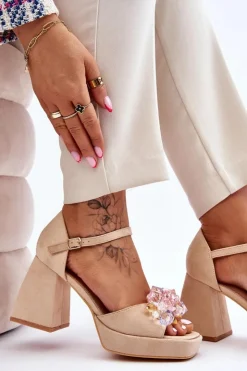 Outlet Boto Modne Sandały Z Kryształami Na Masywnym Obcasie Beżowe Garrett