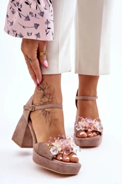 Damskie Boto Modne Sandały Z Kryształami Na Masywnym Obcasie Ciemnobeżowe Garrett