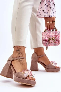 Damskie Boto Modne Sandały Z Kryształami Na Masywnym Obcasie Ciemnobeżowe Garrett